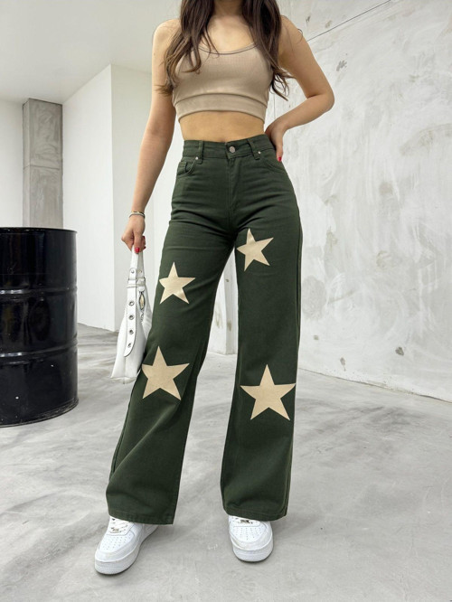 Flocked Star Yıldız Baskılı Geniş Paça Straight Fit Wide Leg Jean Haki 36