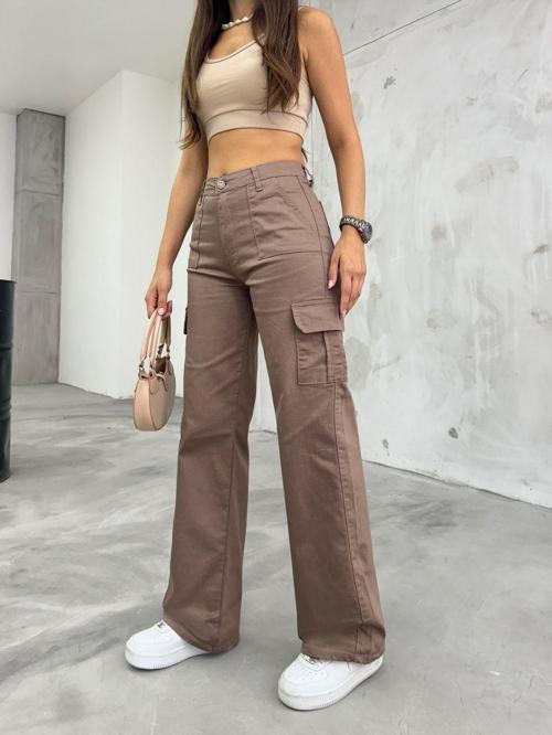 Vizon Kargo Cepli Likralı Yüksek Bel Wide Leg Pantolon Vizon S
