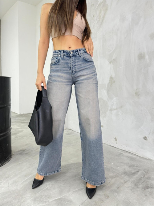 Kadın Bol Kesim Soluk Efekt Straight Fit Baggy Jean Buz Mavisi XL/42