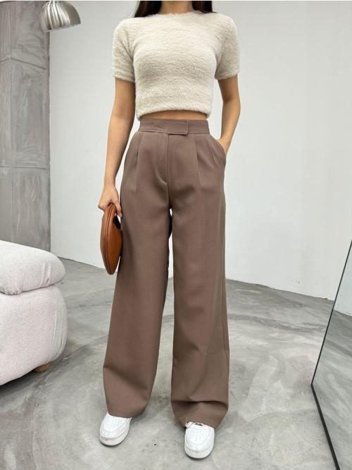 Kadın Yüksek Bel Cırt Kapama Palazzo Kumaş Pantolon Vizon 40