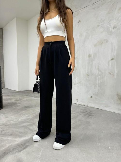 Kadın Siyah Likralı Palazzo Salaş Geniş Paça Pantolon Siyah 2XL