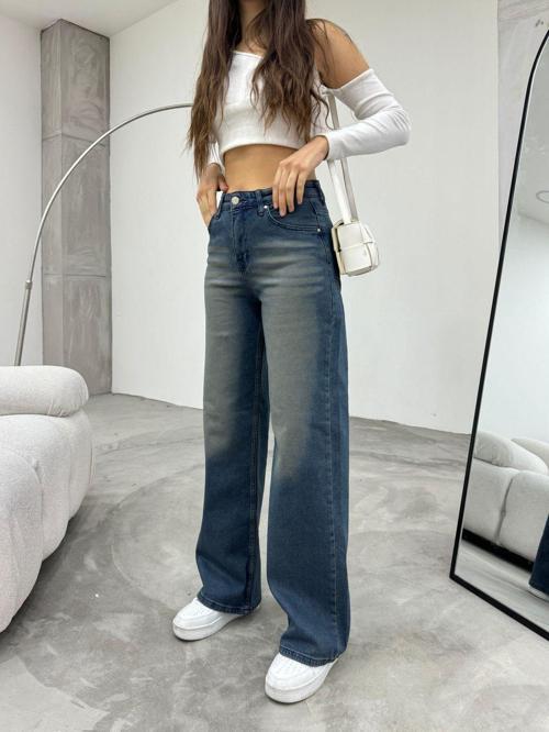 Kadın Lacivert Soluk Efekt Likralı Yüksek Bel Geniş Paça Bol,Salaş Palazzo Jeans Lacivert 38