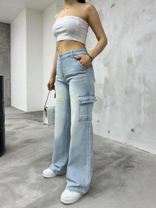 Kadın Soluk Efekt Vintage Yüksek Bel Wide Leg Kargo Pantolon Buz Mavi 42