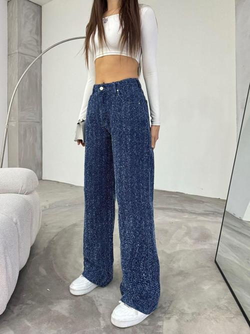 Kadın Mavi Punch Detaylı Özel Tasarım Geniş Paça Pantolon Mavi 40