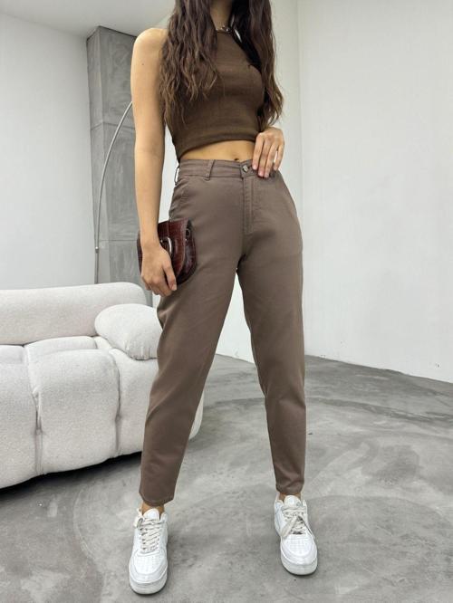 Kadın Yüksek Bel Likralı/Esnek Mom Pantolon Vizon 36