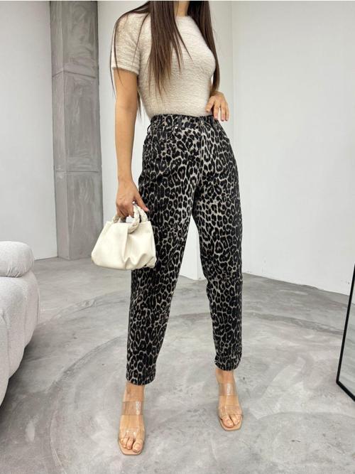 Kadın Leopar Desen Esnek/Likralıyüksek Bel Mom Pantolon Gri 36