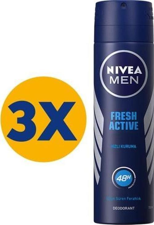 NIVEA Men Erkek Sprey Deodorant Fresh Active 48 Saat Deodorant Koruması 150 ml x3 Adet