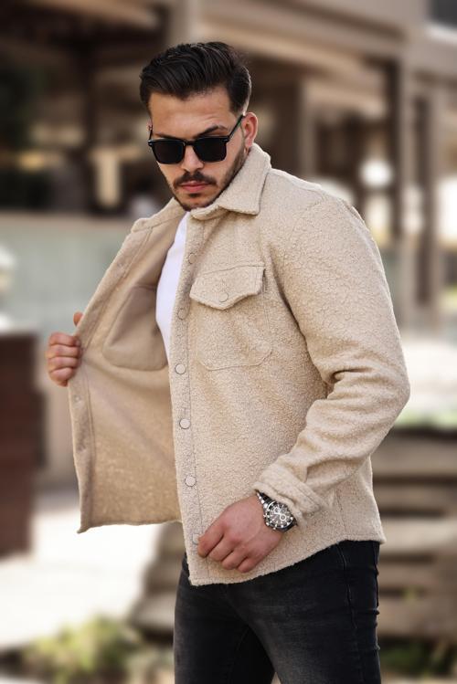 Bej Kıvırcık Dokulu Kumaş Gömlek Yaka Cepli Regular Fit Ceket- 2309