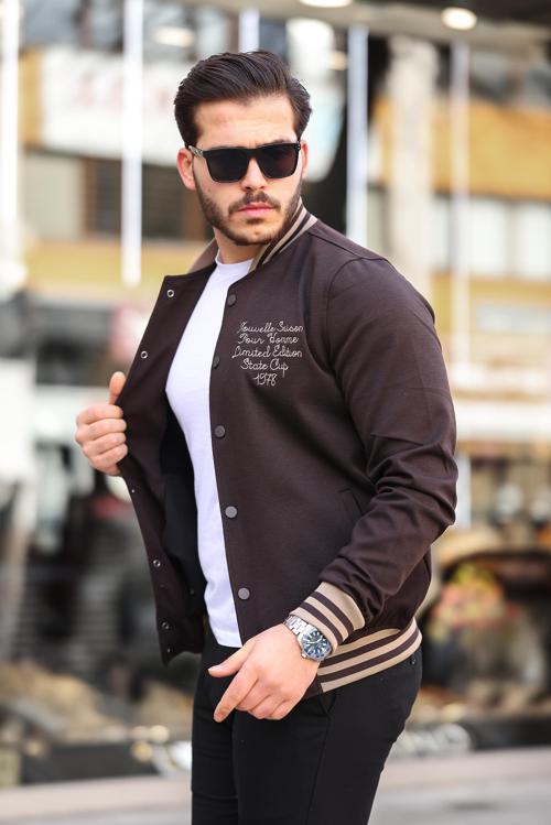 Koyu Kahverengi Pike Dokulu Nakış Detaylı Regular Fit Kolej Ceket- 2310