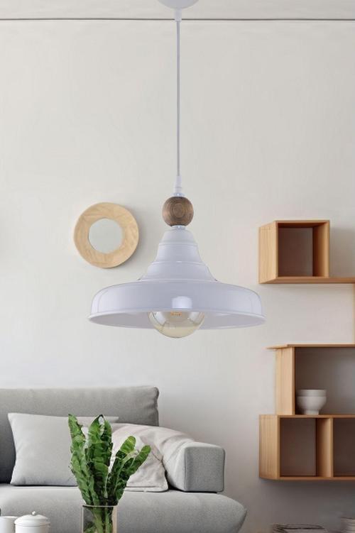 Tekli Cono Sıvama Metal Sarkıt Avize Ahşaplı Beyaz 62 cm