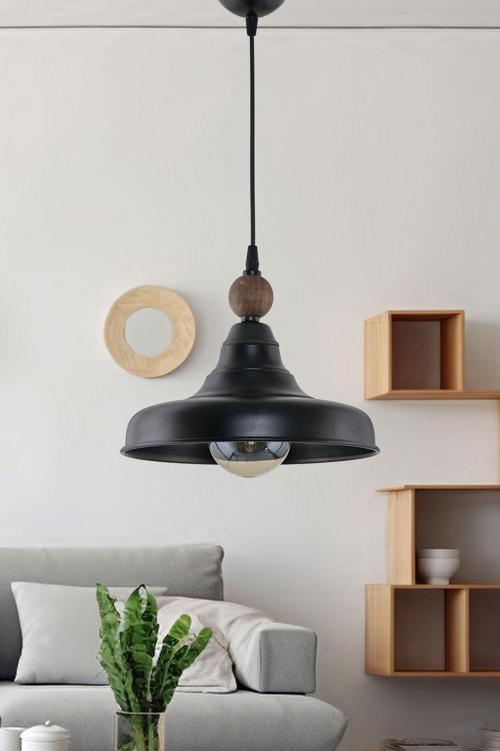 Tekli Cono Sıvama Metal Sarkıt Avize Ahşaplı Siyah 62 cm