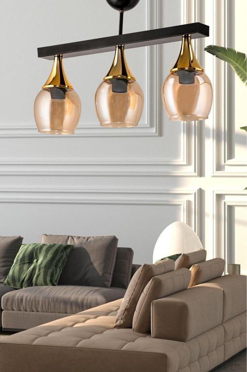 Üçlü Ufo Sarkıt Avize Siyah Bal Rengi Camlı Gold Huni 27 cm