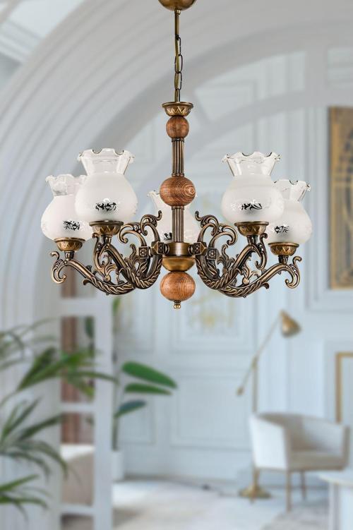 Beş Kollu Ahşaplı Eskitme Elbe Zamak Avize Mat Beyaz Camlı 20x65 cm