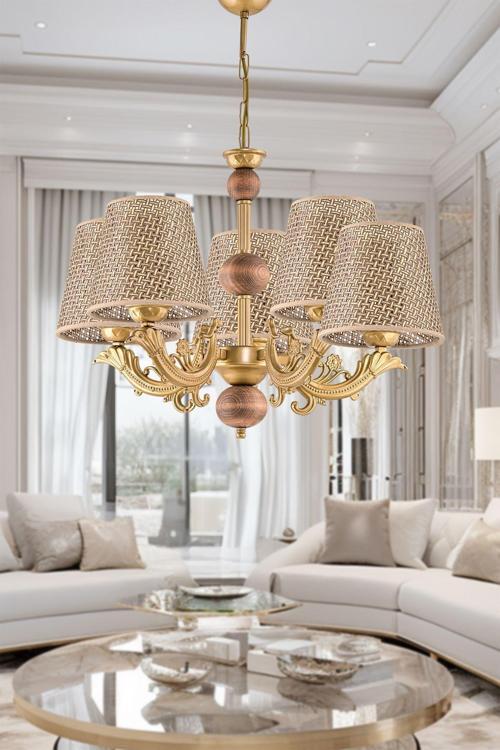 Beş Kollu Ahşaplı Eskitme Zamak Metal Döküm Avize Kahverengi Rattan Hasır Şapkalı 70x52 cm