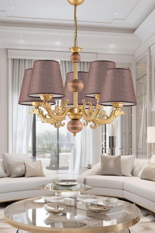 Beş Kollu Ahşaplı Eskitme Zamak Metal Döküm Avize Kahverengi Şapkalı 70x52 cm