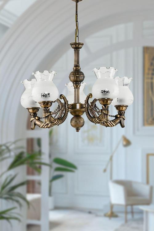 Beş Kollu Metal Eskitme Cadena Döküm Zamak Avize Mat Beyaz Camlı 20x65 cm