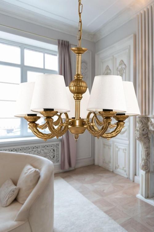 Beş Kollu Riga Zamak Avize Eskitme Boyalı Krem Şapkalı. 20x65 cm