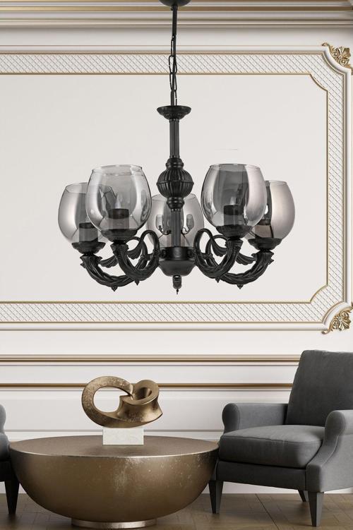 Beş Kollu Riga Zamak Avize Siyah Füme Rengi Camlı 20x65 cm