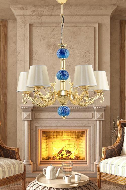 Beş Kollu Zamak Avize Gold Mavi Çinili Gold Şapkalı 81x60 cm