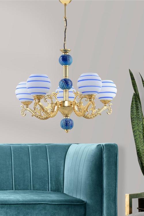 Beş Kollu Zamak Avize Gold Mavi Çinili Mavi Çizgili Beyaz Cam 71x74 cm