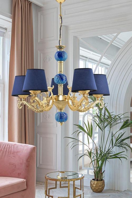 Beş Kollu Zamak Avize Gold Mavi Çinili Mavi Şapkalı 69x81 cm