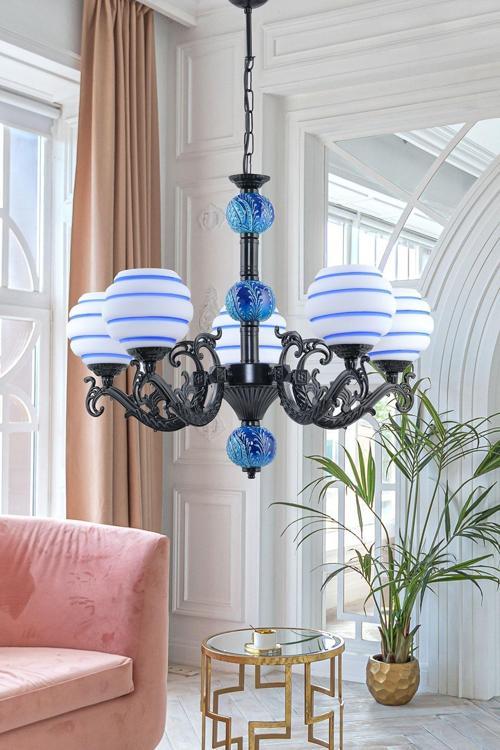 Beş Kollu Zamak Avize Siyah Mavi Çizgili Beyaz Camlı Mavi Çinili 71x99 cm