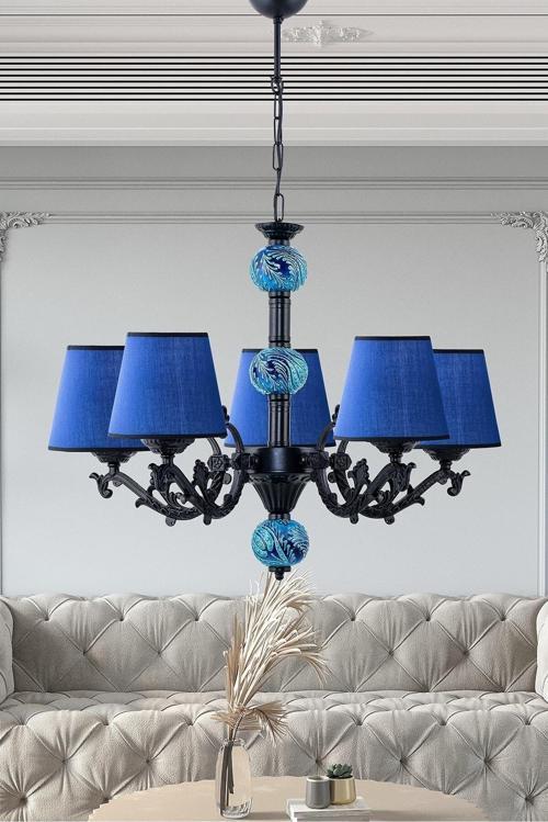 Beş Kollu Zamak Avize Siyah Mavi Şapkalı Dekoratif Obje 100x63 cm