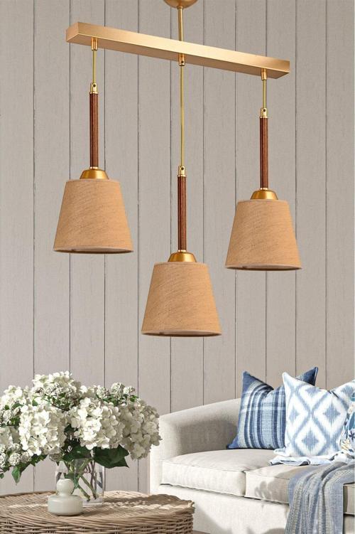 Cakalı Üçlü Sarkıt Avize Ceviz Abajur Şapkalı 50x61 cm