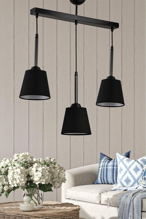 Cakalı Üçlü Sarkıt Avize Siyah Abajur Şapkalı 50x61 cm