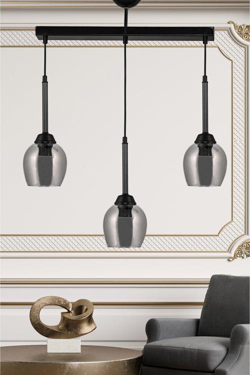 Cakalı Üçlü Sarkıt Avize Siyah Füme Camlı 50x61 cm