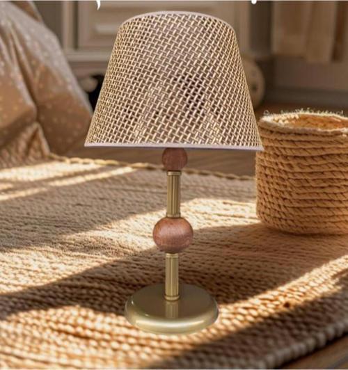 Çift Ahşaplı Abajur Eskitme Rattan Kahverengi Şapkalı