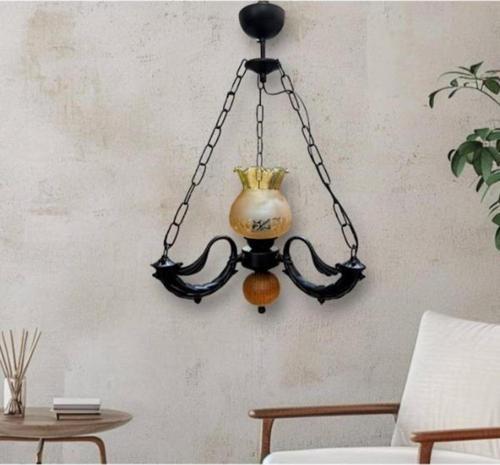 Tekli Riga Avize Zincirli Siyah Buzlu Bal Rengi Camlı 30x60 cm