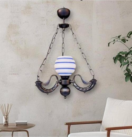 Tekli Riga Avize Zincirli Siyah Mavi Beyaz Camlı 30x60 cm
