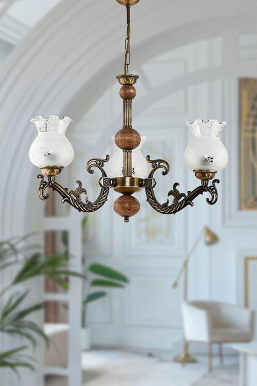 Üç Kollu Ahşaplı Eskitme Elbe Döküm Zamak Avize Mat Beyaz Camlı 20x65 cm