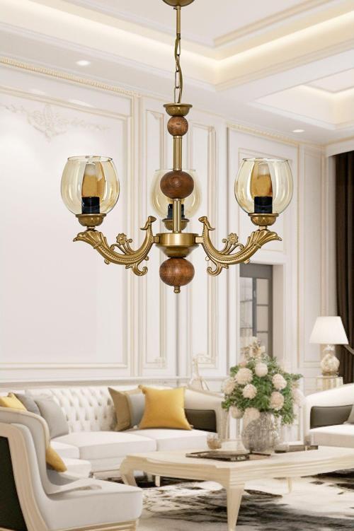 Üç Kollu Ahşaplı Eskitme Sava Zamak Avize Bal Rengi Camlı 20x65 cm