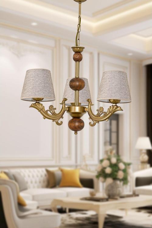Üç Kollu Ahşaplı Eskitme Sava Zamak Avize Sütlü Kahve Rengi Şapkalı 20x65 cm