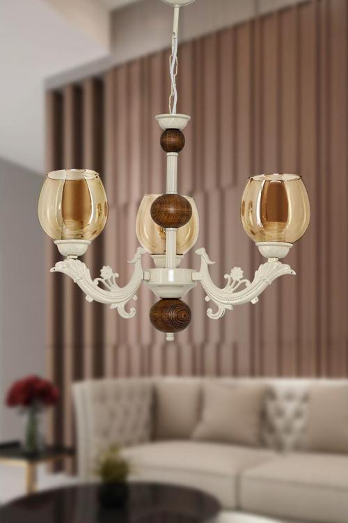 Üç Kollu Ahşaplı Krem Rengi Sava Zamak Avize Bal Rengi Camlı 20x65 cm