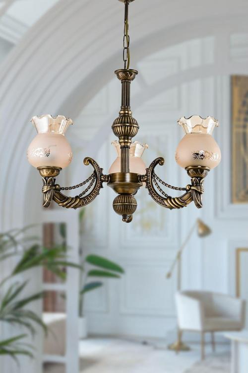 Üç Kollu Metal Eskitme Cadena Döküm Zamak Avize Mat Bal Camlı 20x65 cm