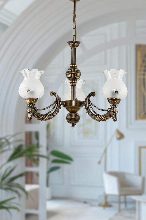 Üç Kollu Metal Eskitme Cadena Döküm Zamak Avize Mat Beyaz Camlı 20x65 cm