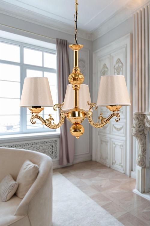 Üç Kollu Riga Zamak Avize Gold Abajur Şapkalı 20x65 cm
