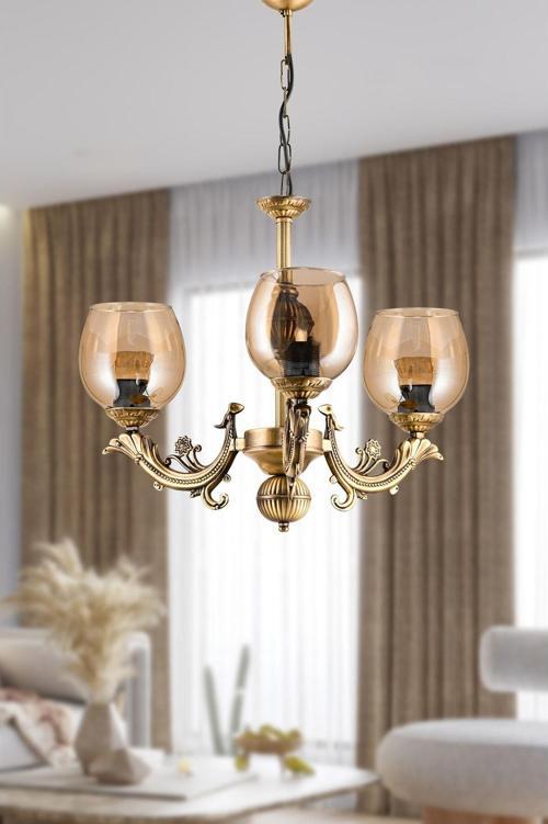 Üç Kollu Sava Zamak Avize Bal Rengi Camlı 20x65 cm