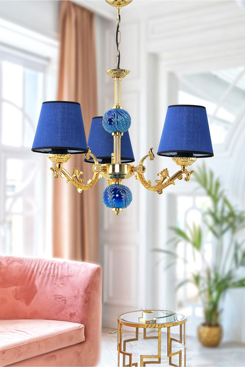 Üç Kollu Zamak Avize Gold Mavi 60x120 cm