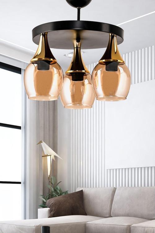 Üçlü Embudo Tepsili Avize Gold Huni Bal Camlı 40x80 cm