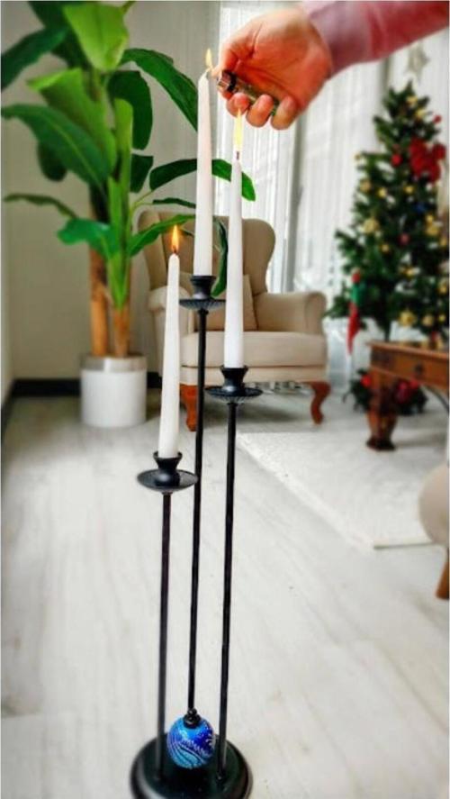 Üçlü Metal Şamdan Mumluk Mavi Çinili 65x15 cm