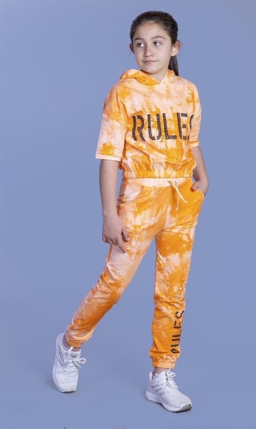 Toontoy Kız Çocuk Rules Baskılı Batik Desenli Crop Eşofman Takımı