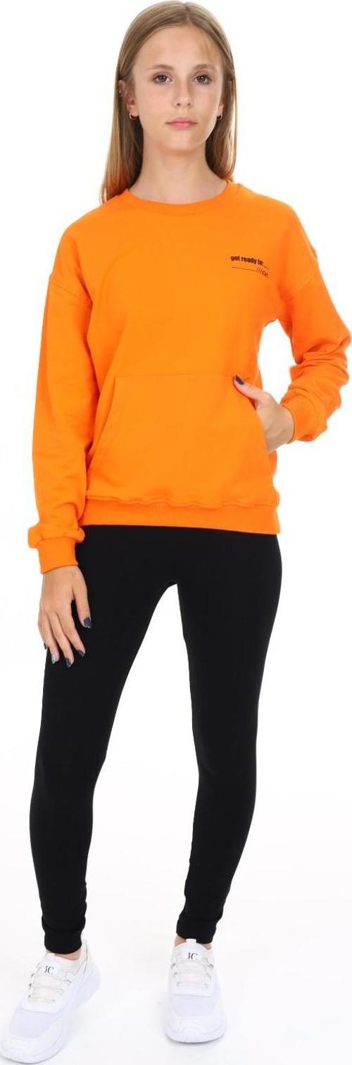 Toontoy Kız Çocuk Kanguru Cepli Göğsü Baskılı Taytlı Takım