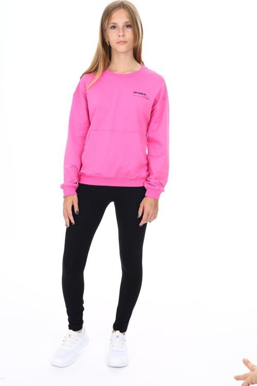 Toontoy Kız Çocuk Kanguru Cepli Göğsü Baskılı Taytlı Takım