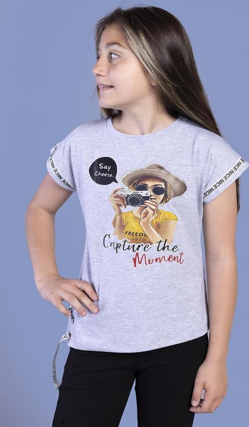 Toontoy Kız Çocuk Şerit Detaylı Baskılı Tişört