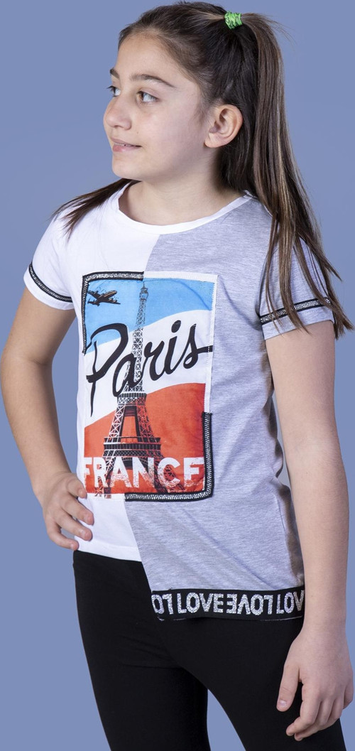 Toontoy Kız Çocuk Paris Baskılı Şeritli Tişört