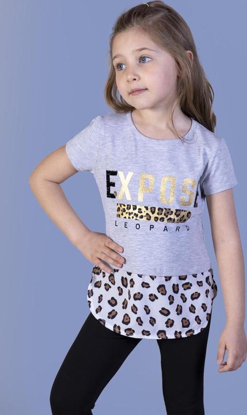 Toontoy Kız Çocuk Leopar Desenli Poplin Detaylı Tişört